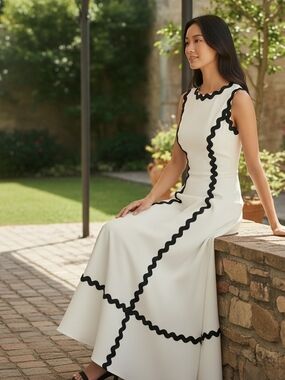 Commense White Midi/Maxi Dress with Black Scalloped Trim Accents